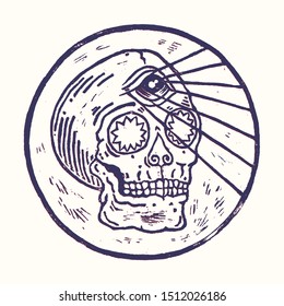 Real linocut hand made print. Skull with third eye in round frame. Vector psychedelic vintage style illustration for t-shirt, card, sticker and poster design