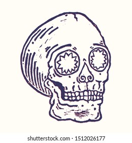 Real linocut hand made skull print. Vector psychedelic vintage style illustration for t-shirt, card, sticker and poster design