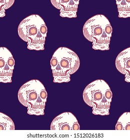 Real linocut hand made skull print. Seamless pattern. Vector psychedelic vintage style illustration for t-shirt, fabric, wrapping and wallpaper design