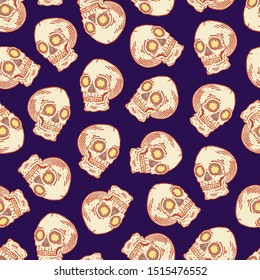 Real linocut hand made skull print. Seamless pattern. Vector vintage style illustration for t-shirt, fabric, wrapping and wallpaper design. Halloween backdrop. Funny doodle background