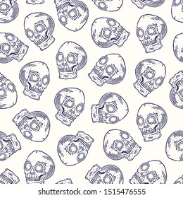 Real linocut hand made skull print. Seamless pattern. Vector vintage style illustration for t-shirt, fabric, wrapping and wallpaper design. Simple colors. Halloween backdrop. Funny doodle background