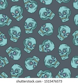 Real linocut hand made skull print. Seamless pattern. Vector vintage style illustration for t-shirt, fabric, wrapping and wallpaper design. Halloween backdrop. Funny doodle background