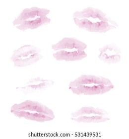 Real lip imprint. Watercolor. Isolated on white background. Vector set. Use for as decoration Valentine's Day, the magazine and newspapers, advertising for cosmetics etc. Eps 10.