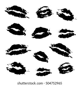 Real lip imprints - set. Black silhouettes. Isolated on white background. Vector set. Eps 10.