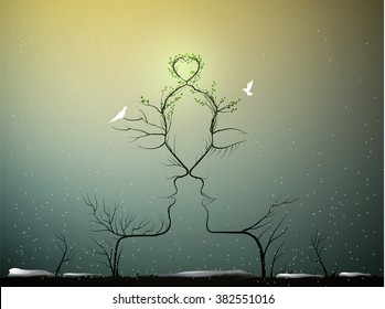 real love never change, sense of love, couple of people look like tree branches silhouettes with green heart and two pigeons in cold winter around, marriage concept, vector