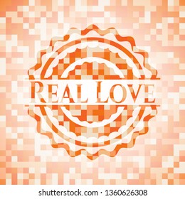 Real Love orange tile background illustration. Square geometric mosaic seamless pattern with emblem inside.