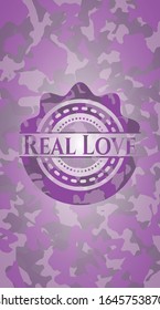 Real Love pink on camouflage texture. Vector Illustration. Detailed.