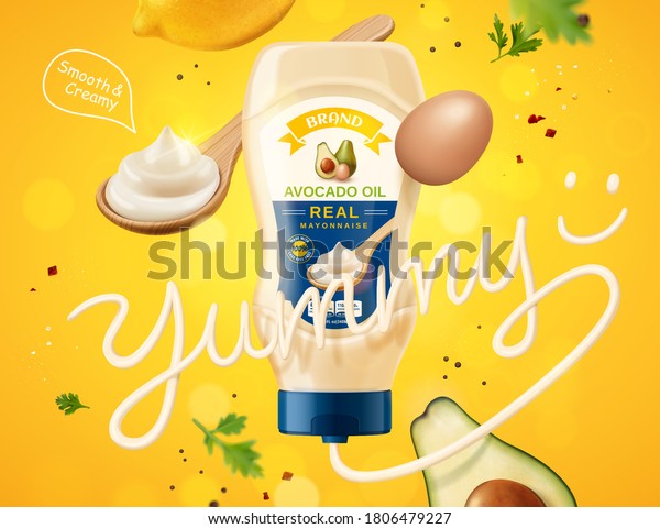 Real mayonnaise ad\
with dynamic layout of fresh ingredients and yummy word made of\
sauce, 3d illustration