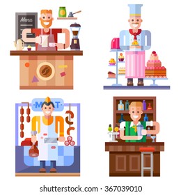 Real men having a deal with food :)  Barista making tasty coffee, confectioner cooking beautiful cakes and candies, butcher in his meat store, barman making amazing shakes and cocktails! Flat vector. 