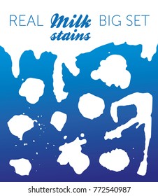 Real milk stains - big set of silhouettes. Isolated on blue background. Vector. Eps 10