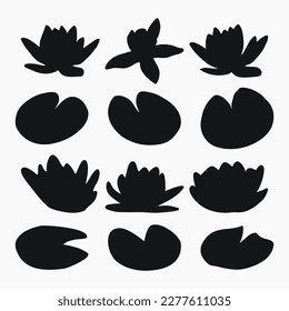 Real modern silhouettes plants, herbs. Drawing flowers water lily, nymphaea. Flat design art design template.