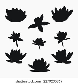 Real modern silhouettes plants, herbs. Drawing flowers water lily, nymphaea. Flat design art design template.