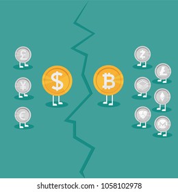 Real money vs Bitcoin virtual money - Crypto Currency Growing concept. Business concept. war between currencies