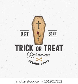 Real Monsters Party Vintage Style Halloween Logo or Label Template. Hand Drawn Coffin with Cross and Rose Sketch Symbol and Retro Typography. Shabby Texture Background. Isolated.