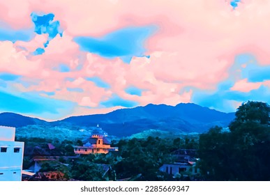 Real mountain view background vector from a height.sky,mountain and housing views.background template.