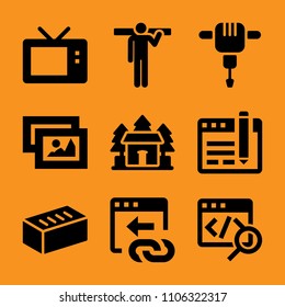 real, museum, broadcast, shape, gold and retro icon vector set. Flat vector design with filled icons. Designed for web and software interfaces