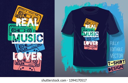Real music lover lettering slogan retro sketch style tape cassette for t shirt design print posters kids boys girls. Hand drawn vector illustration.