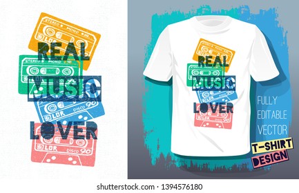 Real music lover lettering slogan retro sketch style tape cassette for t shirt design print posters kids boys girls. Hand drawn vector illustration.