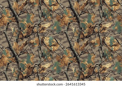 Real oak tree vector hunting camouflage seamless pattern. Digital camouflage. Forest background. Jungle texture. Deer hunting pattern