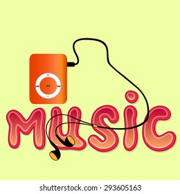 Real orange mp3 player with headphones and word 'MUSIC' isolated on yellow background. Vector illustration