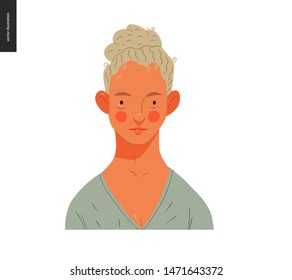 Real people portrait - hand drawn flat style vector design concept illustration of a young blond curly-headed woman, face and shoulders avatar. Flat style vector icon