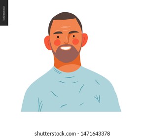 Real people portrait - hand drawn flat style vector design concept illustration of a young brunette man, face and shoulders avatar. Flat style vector icon