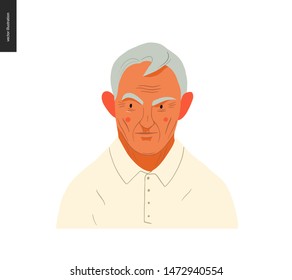 Real people portrait - hand drawn flat style vector design concept illustration of a grey-haired man, face and shoulders avatar. Flat style vector icon