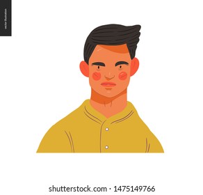 Real people portrait - hand drawn flat style vector design concept illustration of a young brunette man, face and shoulders avatar. Flat style vector icon
