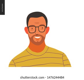 Real people portrait - hand drawn flat style vector design concept illustration of a young brunette man wearing glasses, face and shoulders avatar. Flat style vector icon