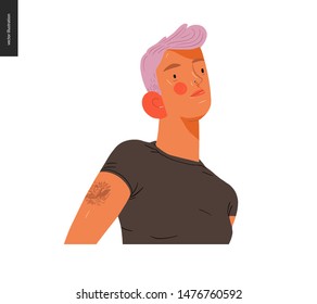 Real people portrait - hand drawn flat style vector design concept illustration of a young pink-haired blond woman, face and shoulders avatar. Flat style vector icon