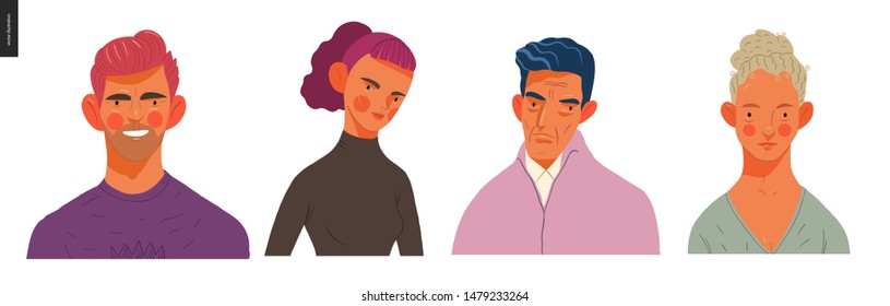 Real people portraits set - hand drawn flat style vector design concept illustration of men and women, male and female faces and shoulders avatars. Flat style vector icons set