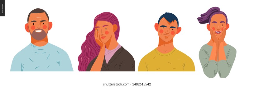 Real people portraits set - hand drawn flat style vector design concept illustration of men and women, male and female faces and shoulders avatars. Flat style vector icons set