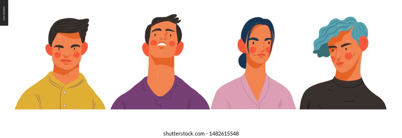 Real people portraits set - hand drawn flat style vector design concept illustration of men and women, male and female faces and shoulders avatars. Flat style vector icons set