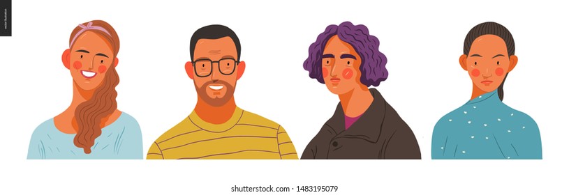 Real people portraits set - hand drawn flat style vector design concept illustration of men and women, male and female faces and shoulders avatars. Flat style vector icons set