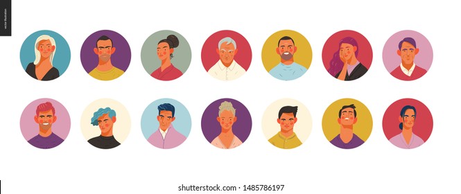 Real people portraits set - hand drawn flat style vector design concept illustration of men and women, male and female faces and shoulders avatars. Flat style vector icons set