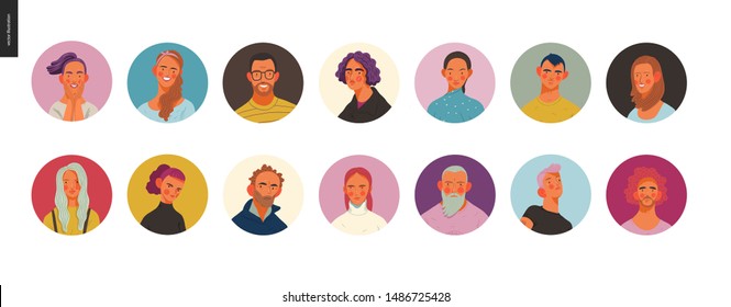 Real people portraits set - hand drawn flat style vector design concept illustration of men and women, male and female faces and shoulders avatars. Flat style vector icons set