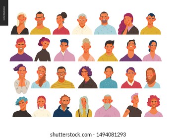 Real people portraits set - hand drawn flat style vector design concept illustration of men and women, male and female faces and shoulders avatars. Flat style vector icons set