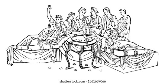 Real people sitting on the semi-formed sofa and food stand at the center table, vintage line drawing or engraving illustration.