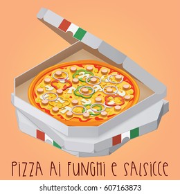 The real Pizza ai funghi e salsicce. Pizza with mushrooms and sausages. Italian pizza. Vector illustration. 