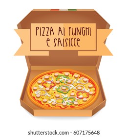 The real Pizza ai funghi e salsicce. Pizza with mushrooms and sausages. Italian pizza. Vector illustration.