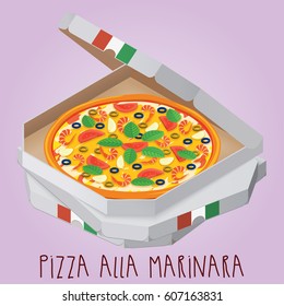 The real Pizza alla marinara. Italian pizza in box. Vector illustration.