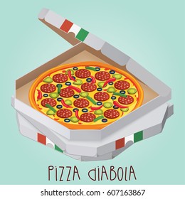 The real Pizza Diabola. Italian pizza in box. Diabolical. Diabo. Vector illustration.