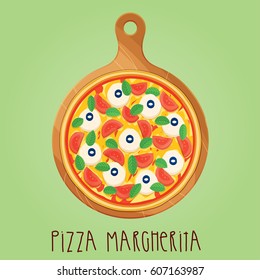 The real Pizza Margherita. Italian pizza on wooden board. Vector illustration. 