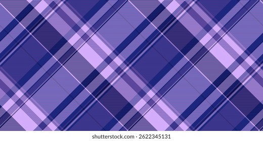 Real plaid background pattern, give seamless check tartan. Yuletide fabric textile texture vector in blue and violet colors palette.
