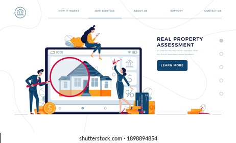 Real Property Assessment Homepage Template. Appraisers Are Doing Property Inspection Of A House. Real Estate Valuation, Home Value, Professional Appraisal Concept For Web. Flat Vector Illustration