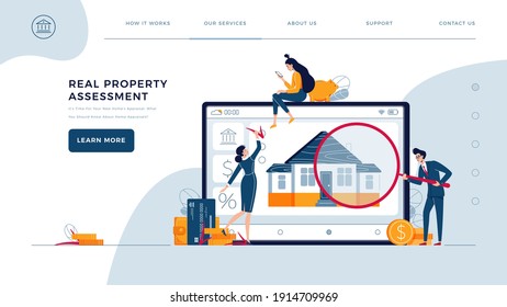 Real property assessment homepage template. Inspectors are doing home inspection of a house for fixing of value. Real estate valuation, property appraisal . Flat vector illustration