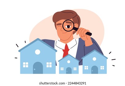 Real property search concept. Rent apartment, buy house,building estate. Search ideal home. Flat vector illustration