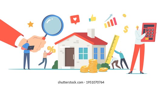 Real Property Value, Assessment Concept. Appraisers Characters doing House Inspection. Real Estate Valuation, Home Professional Appraisal with Agents for Sale. Cartoon People Vector Illustration