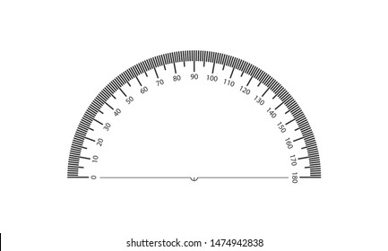 Real protractor on a transparent background from 0 to 180 degrees. 1 division is 1 degree.
