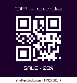 Venta de código QR real - 20 por ciento. Logotipo vectorial, pegatina para una tienda, sitio web o aplicación, diseño plano
